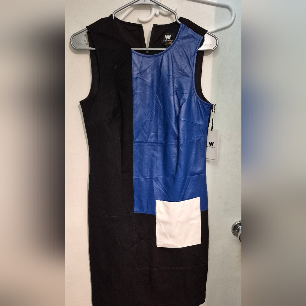 W by Worth Black and Blue Sheath Dress With Leather Path Accents Sz.4 NWT